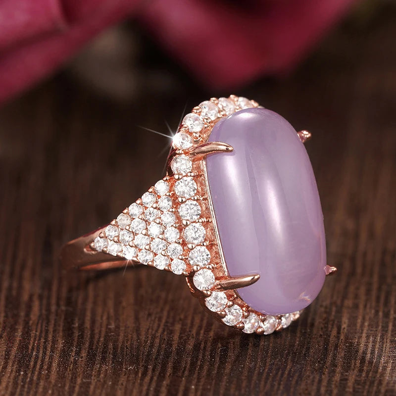 Oval Shaped Purple Rose Gold Plated Resin Rings Zircon Rings