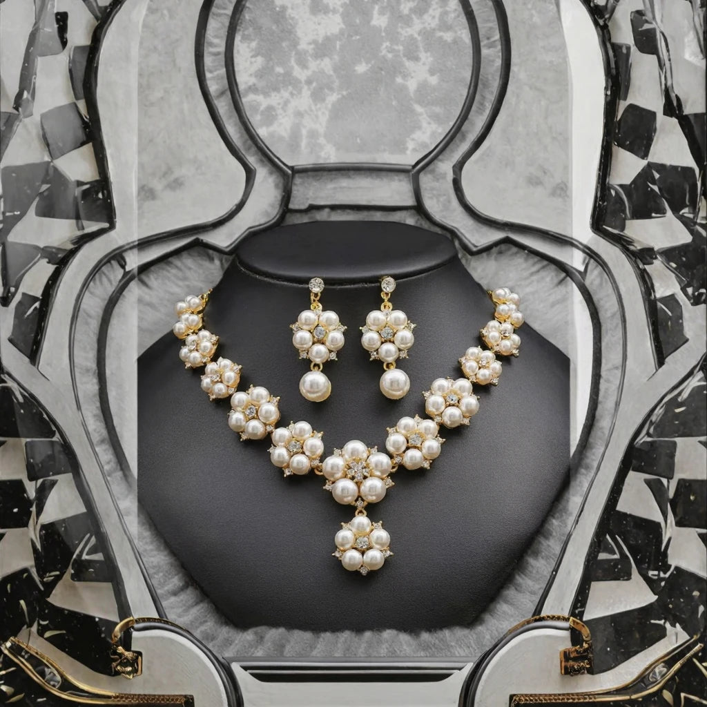 Vintage Style Gold-Plated Pearl Jewelry Set Necklace Earrings for Anniversary
