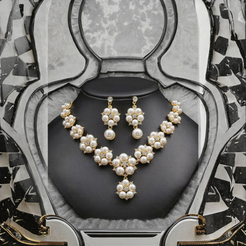 Load image 1 in gallery view. Vintage Style Gold-Plated Pearl Jewelry Set Necklace Earrings for Anniversary