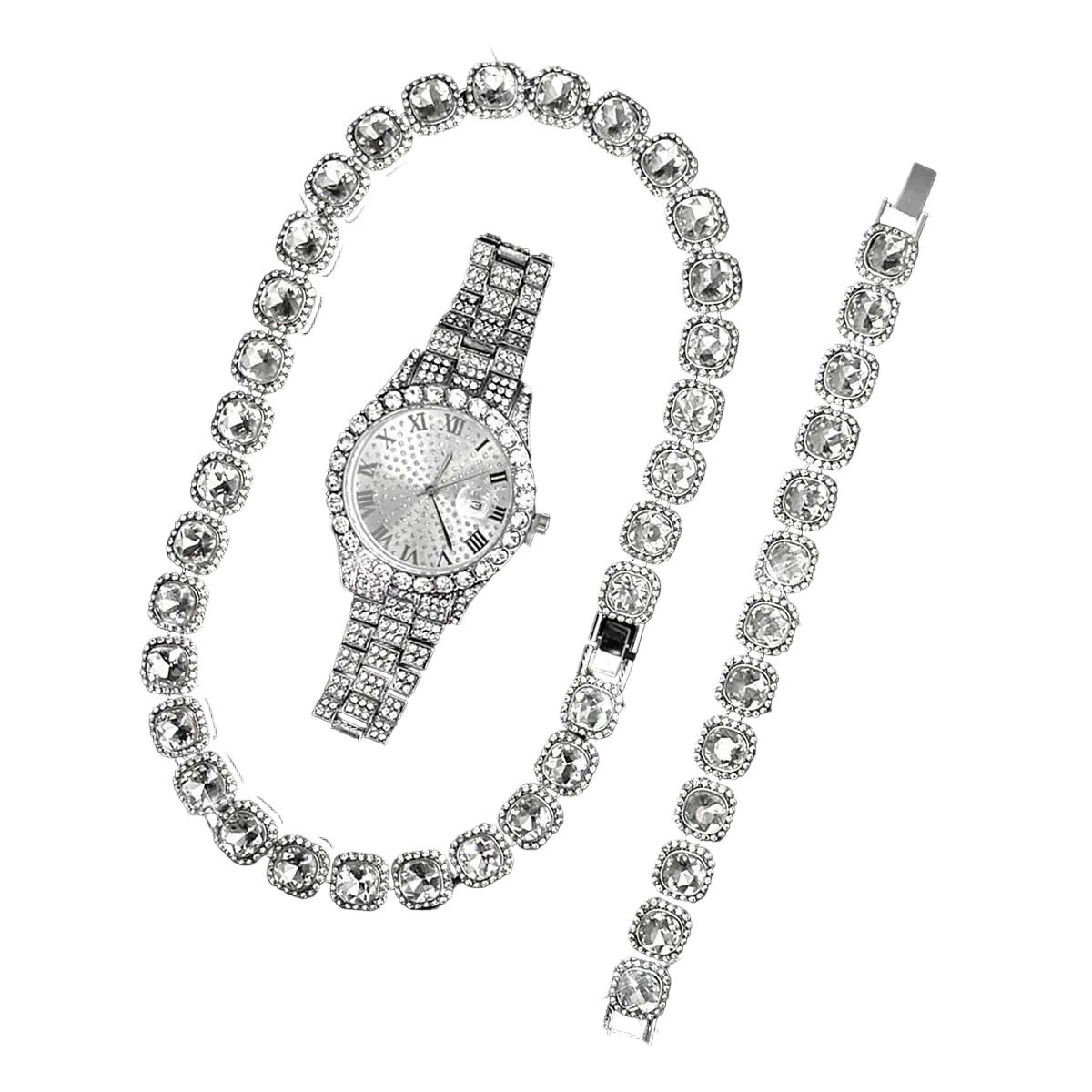 Three-piece Quartz Movement Silver Watch Sugar  Diamond Star Three-piece Set