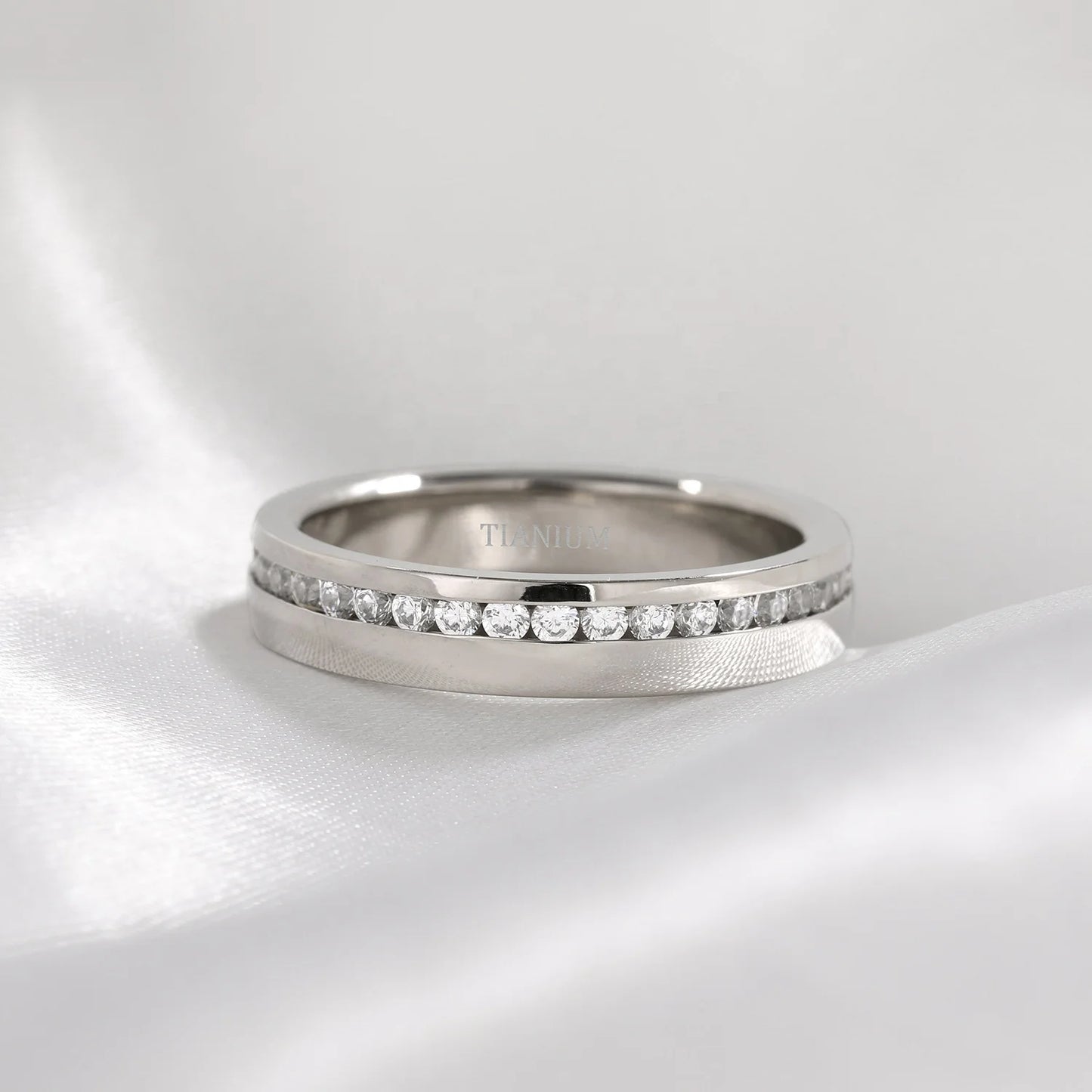4mm Silver Full Eternity Cubic Zirconia Titanium Ring for Engagement Promise Gift Band for Women