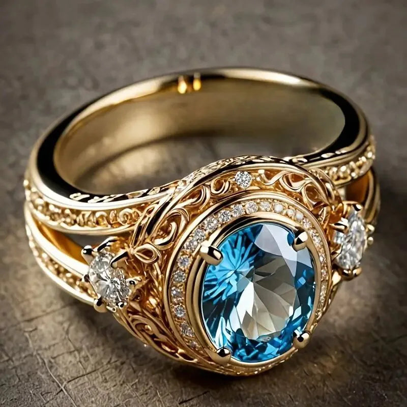 Luxury Oval Shaped Blue Sparkling Zircon Pattern Hollow Design Gold Color Plated Rings for Women Wedding CZ Rings Jewelry