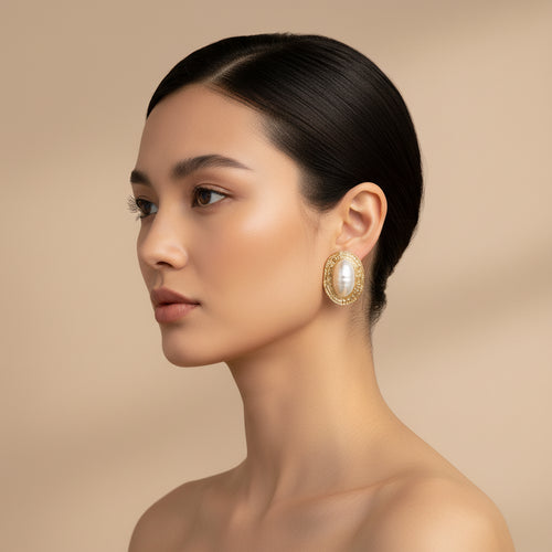 Load image 1 in gallery view. Gold Plated Pearl Oval Stud Earrings For Women Statement Women Anniversary Vintage Fashion France Stylish