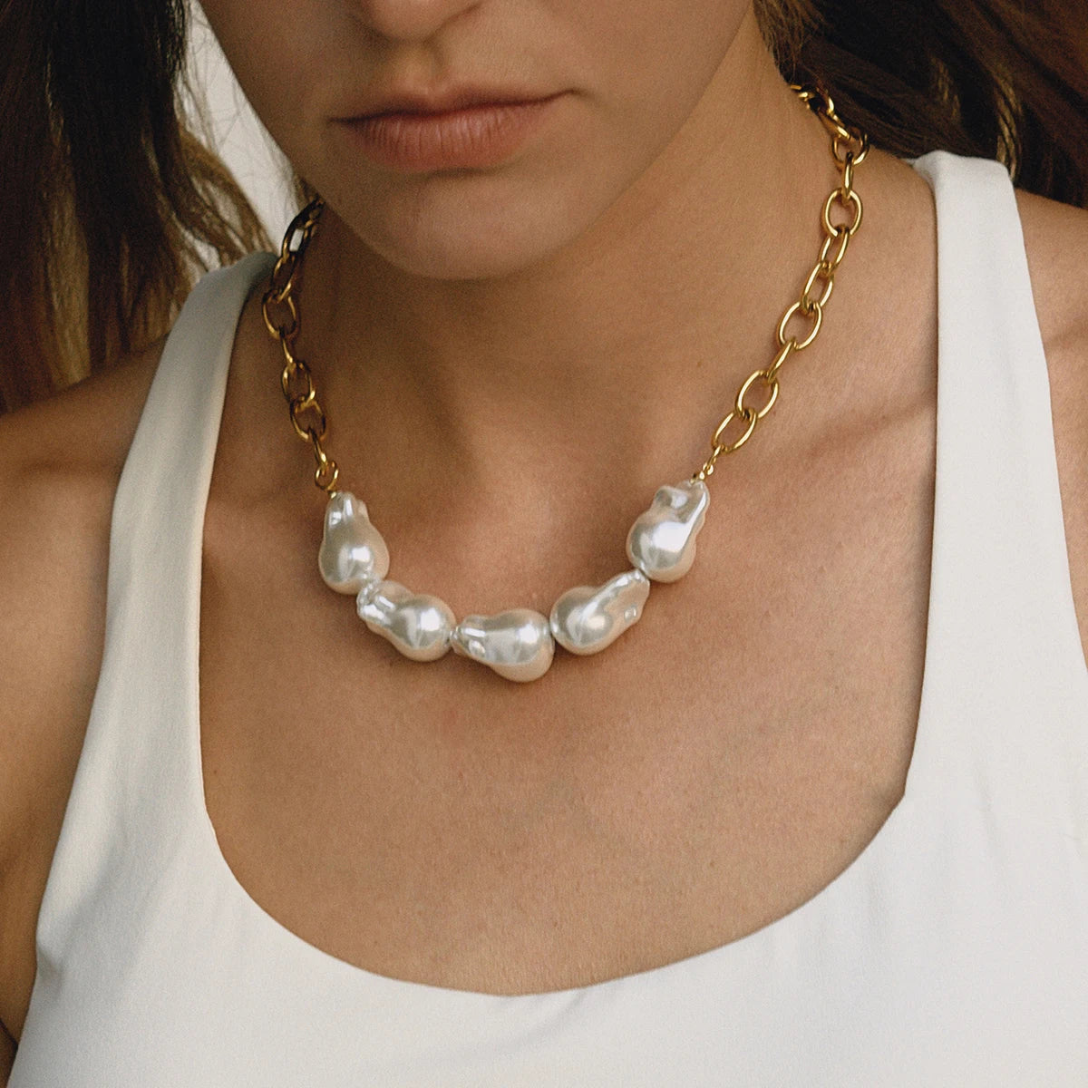 Baroque Glass Pearl Thick Paper Clip Chain Necklace