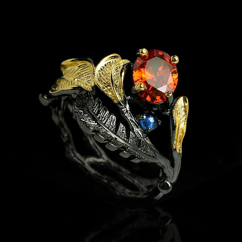 Vintage Antique Black Gold Red Zirconia Ring for Women Rhodium Plated