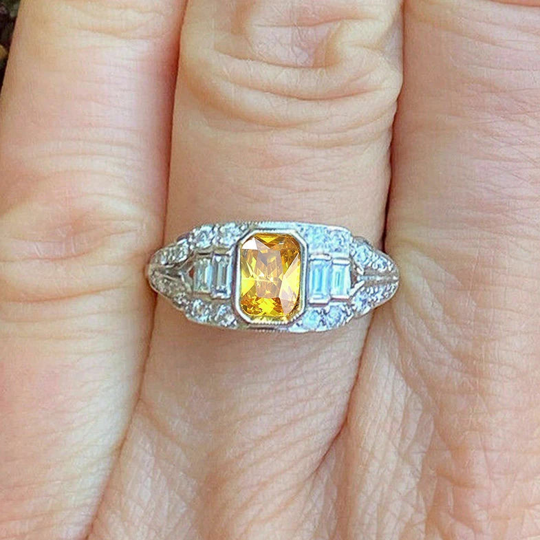 Silver Plated Dazzling Yellow Crystal Cubic Zirconia Engagement Wedding  Rings for Women