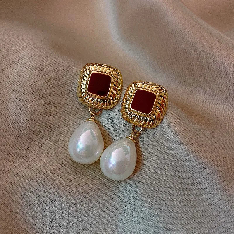 Gold Plated Pearl Teardrop Stud Earrings Creative Retro Square Design
