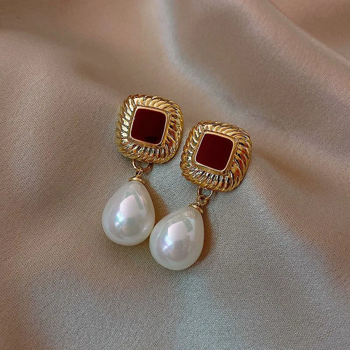 Load image 1 in gallery view. Gold Plated Pearl Teardrop Stud Earrings Creative Retro Square Design