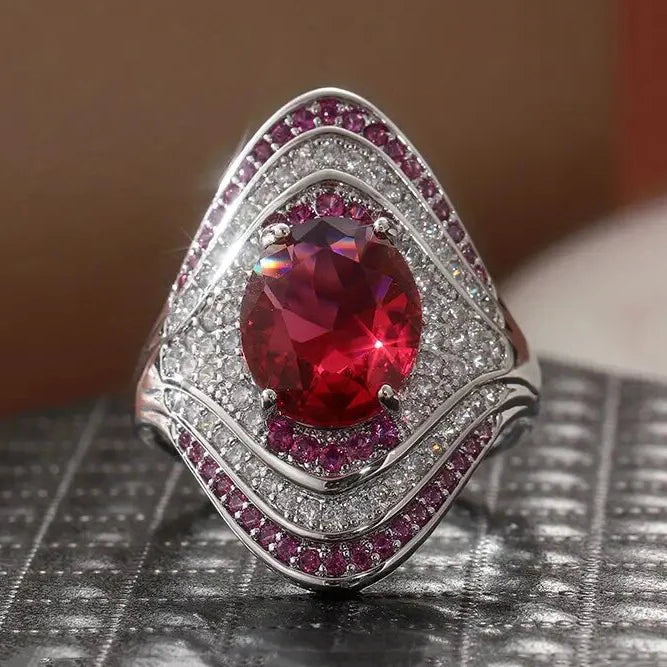 Silver Plated Exquisite Oval Shaped Design Red/Pink Brilliant Cubic Zirconia Wide Rings