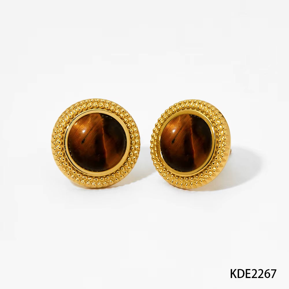 Gold Plated  Vintage Stud Earrings with Natural Stone Ball Design Waterproof
