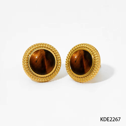 Load image 1 in gallery view. Gold Plated  Vintage Stud Earrings with Natural Stone Ball Design Waterproof