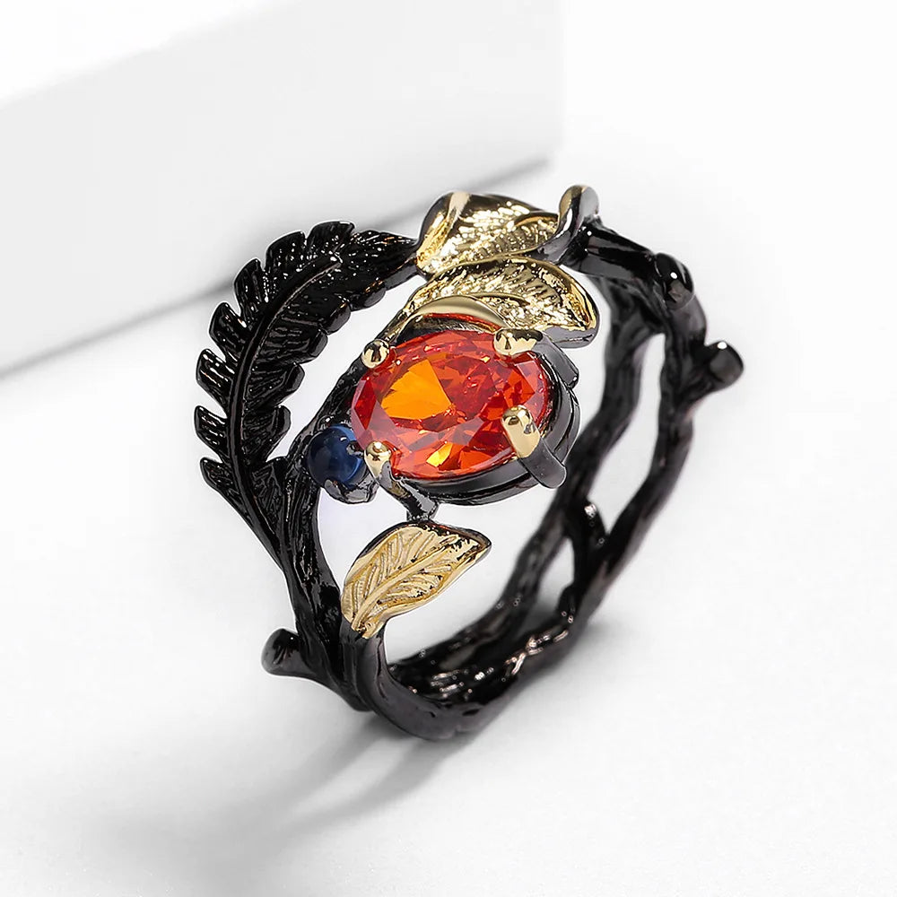 Vintage Antique Black Gold Red Zirconia Ring for Women Rhodium Plated