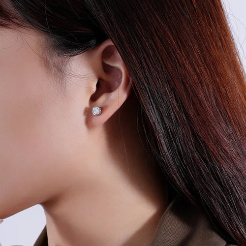 Load image 1 in gallery view. Sterling Silver Round Stud Earrings, Cubic Zirconia, Gold & Silver Gift for Woman, Man, Kids