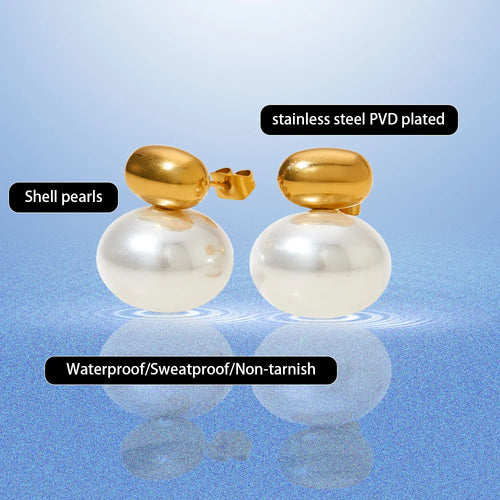 Load image 1 in gallery view. Gold Plated Oval Bead Imitation Pearl Stud Earrings Trendy Jewelry for Anniversary