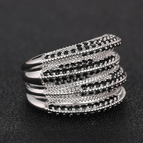Load image 1 in gallery view. Silver Plated Multi Layers Sparkling White/Black Zircon Rings Wedding for Women