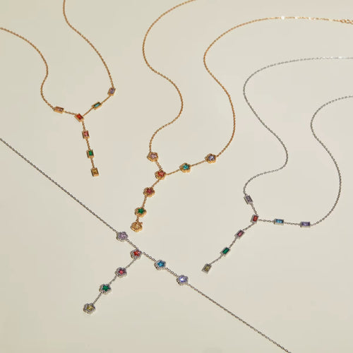 Load image 1 in gallery view. Gold and Silver Stainless Steel Y Necklace - Colorful Zircon Fringe Pendant