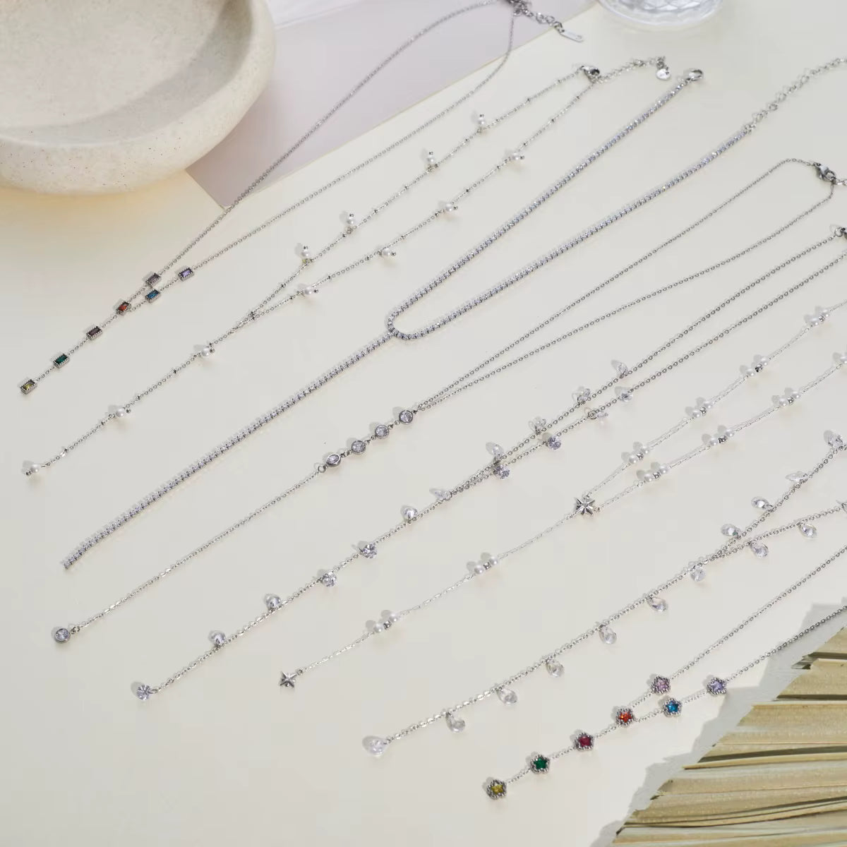 Silver Stainless Steel Y Necklace Crystal Zircon Fringe Pendant Jewelry