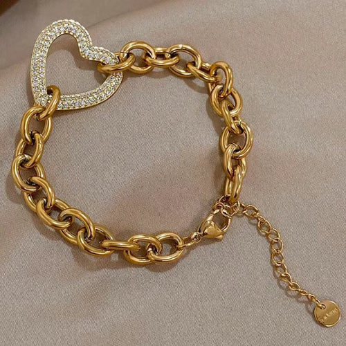 Load image 1 in gallery view. Heart Shape Zircon Bracelet Gold Plated Stainless Steel Fashion Jewelry