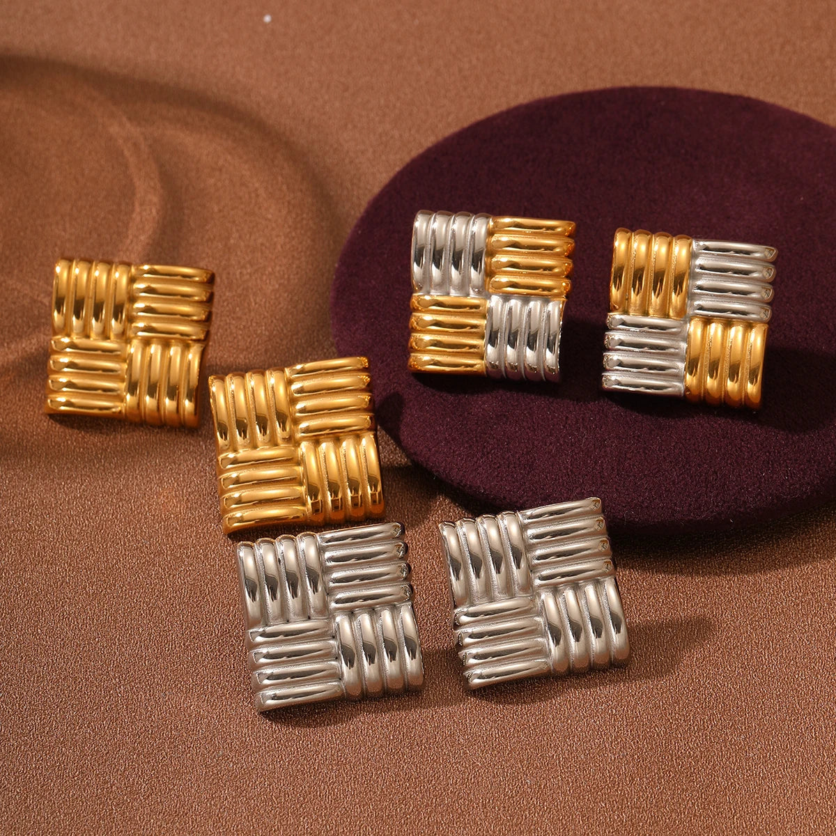 Gold Plated Two-Tone Geometric Square Stud Earrings – Stainless Steel