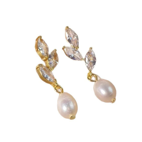 Load image 1 in gallery view. 14K Gold Leaf Shape Dangle Earrings With Imitation Pearl Pendant