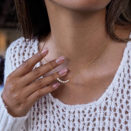 Load image 1 in gallery view. 18K PVD Gold Plated Stainless Steel Necklace Trendy Elegant Glass Pearl Smile Pendant Necklace