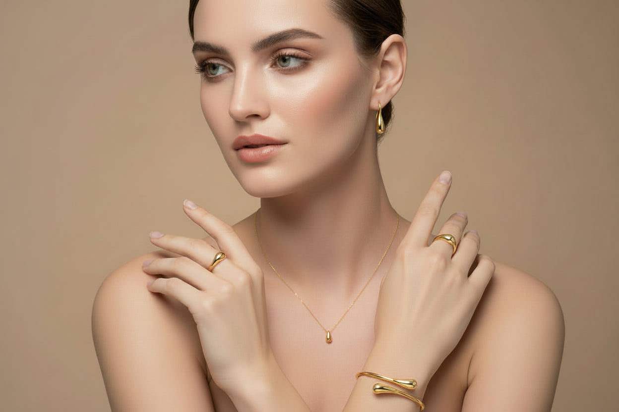 Gold Plated Water Drop Jewelry Set Adjustable Ring Necklace Bracelet Trendy For Women Wedding Engagement Anniversary
