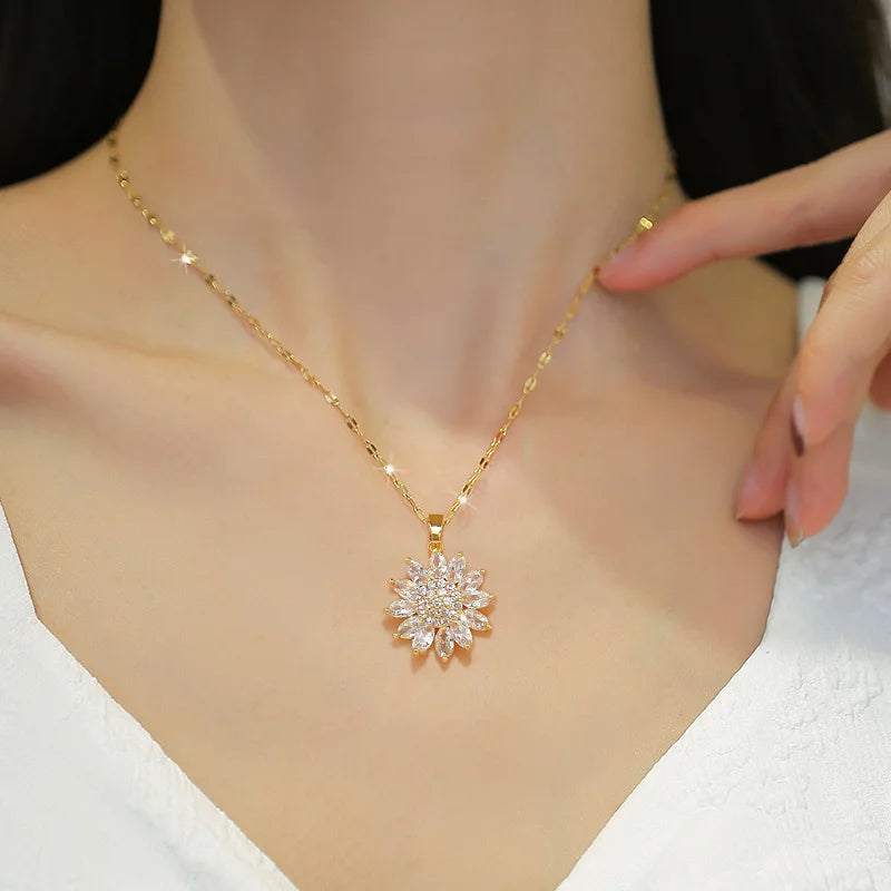 Zircon Crystal Flower Charms Link Chain Sunflower Choker Necklaces 18K Gold Plated for Woman
