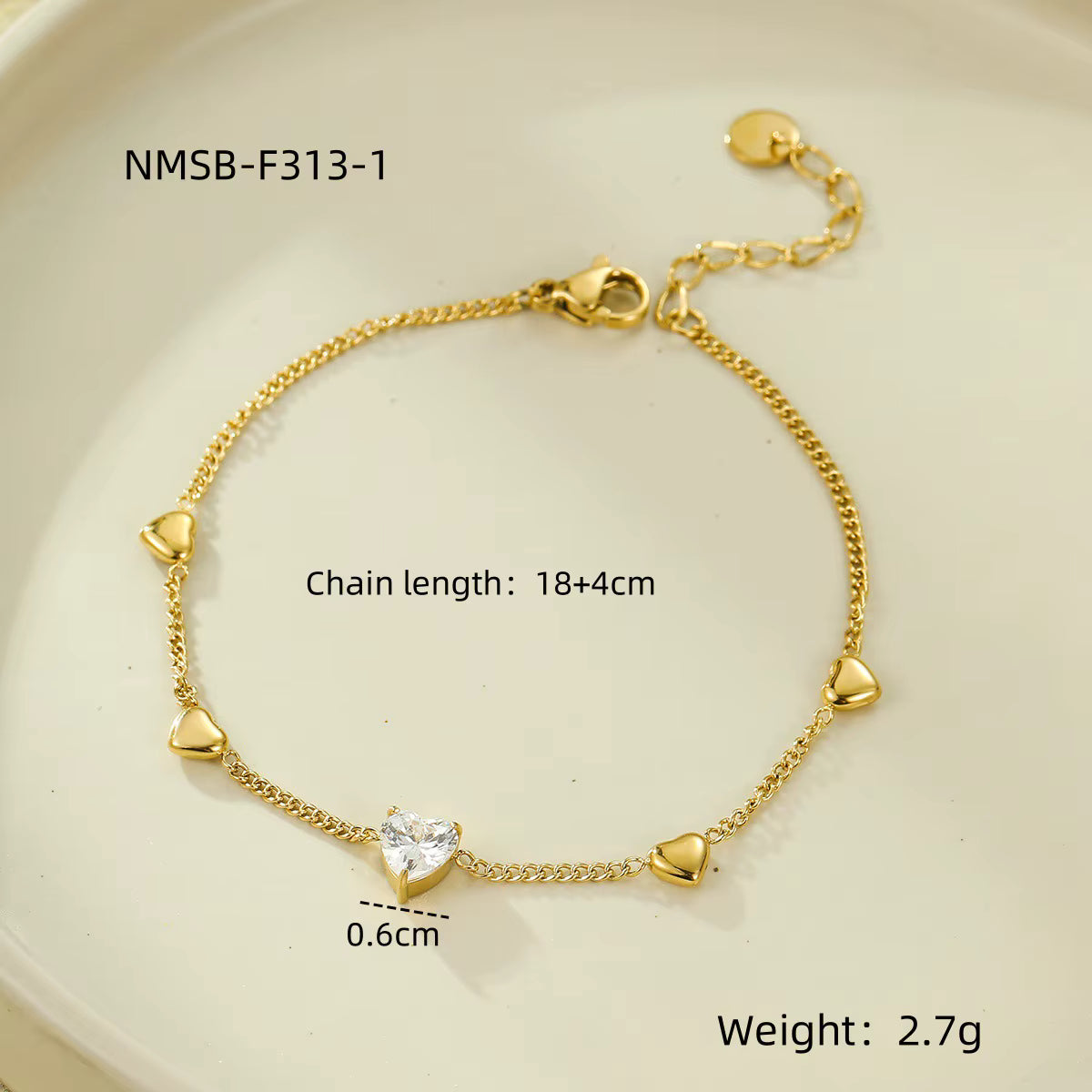 Heart Zircon Charm 18K Gold Plated Stainless Steel Tennis Bracelet