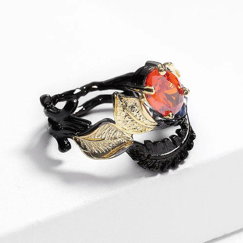 Load image 1 in gallery view. Vintage Antique Black Gold Red Zirconia Ring for Women Rhodium Plated