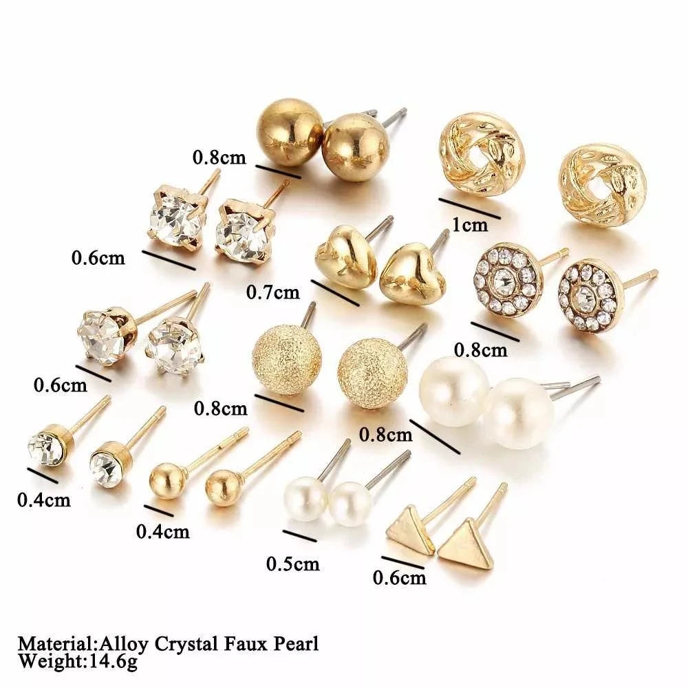12 Pairs Earring Set Square Crystal Heart Stud Earrings Jewelry Sets for Women Piercing Simulated Pearl Flower Earring, Silver Plated, Gold Plated