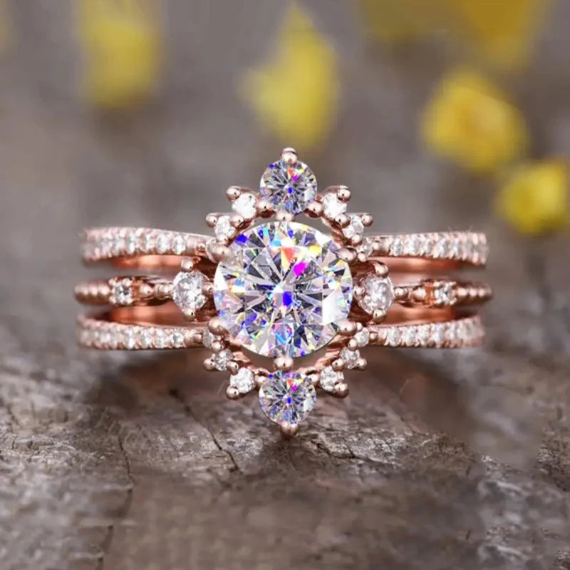 Crown Design Round Dazzling Zircon Rings for Bridal Wedding Rose Gold Color Plated Rings for Women