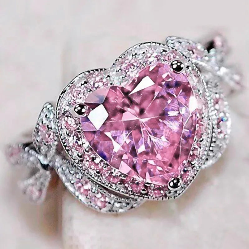 Elegant Butterfly Knot Design Heart Shaped Dazzling Pink Crystal Zircon Ring for Women