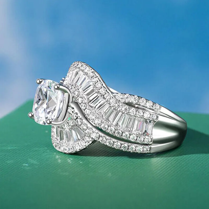 Silver Plated Twist Design Brilliant Round Zircon Rings for Women Wedding Engagement