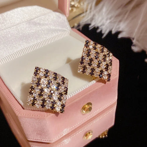 Load image 1 in gallery view. Square Curved Surface Black White Diamond Earrings