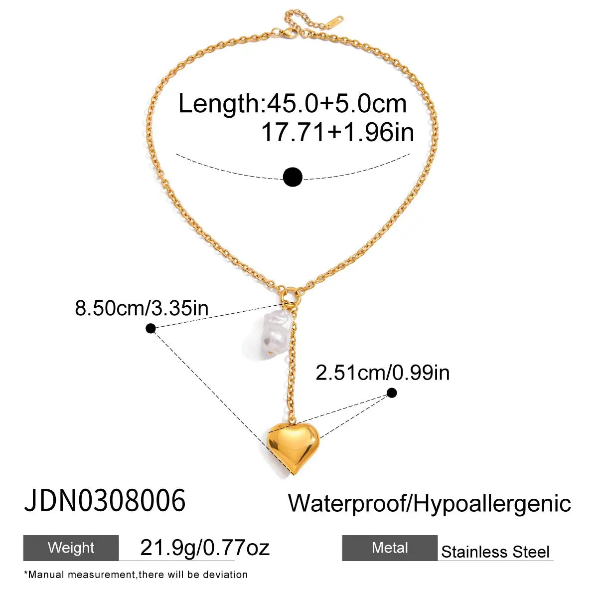 Gold Plating Stainless Steel Waterproof Y Chain Glass Pearl Heart Pendant Necklace Women's Children