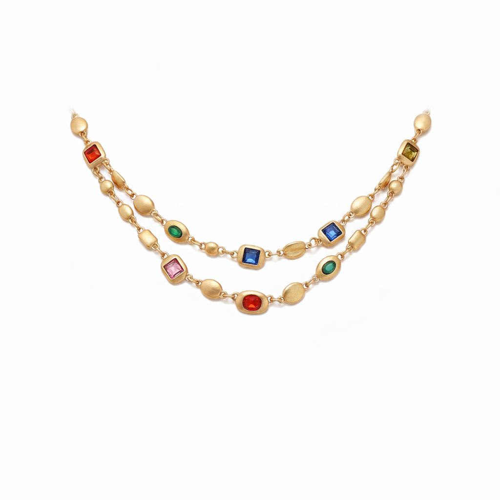 Red Blue Double-Layer Diamond-Encrusted Necklace Aged Neckband with Exquisite Beads Chain for Girlish Look