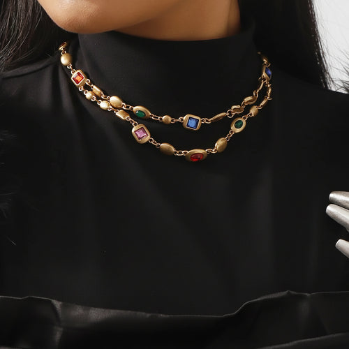 Load image 1 in gallery view. Red Blue Double-Layer Diamond-Encrusted Necklace Aged Neckband with Exquisite Beads Chain for Girlish Look
