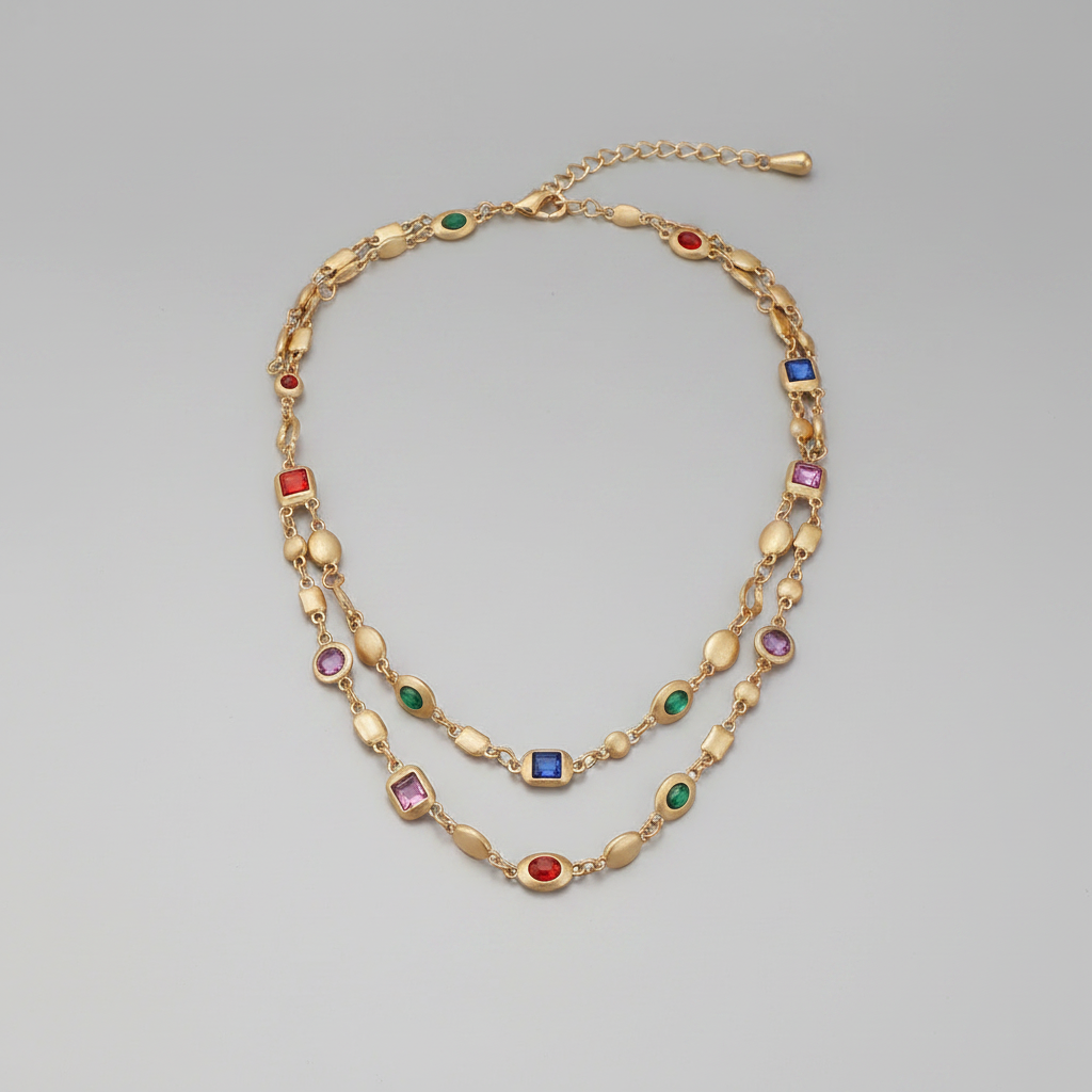 Red Blue Double-Layer Diamond-Encrusted Necklace Aged Neckband with Exquisite Beads Chain for Girlish Look