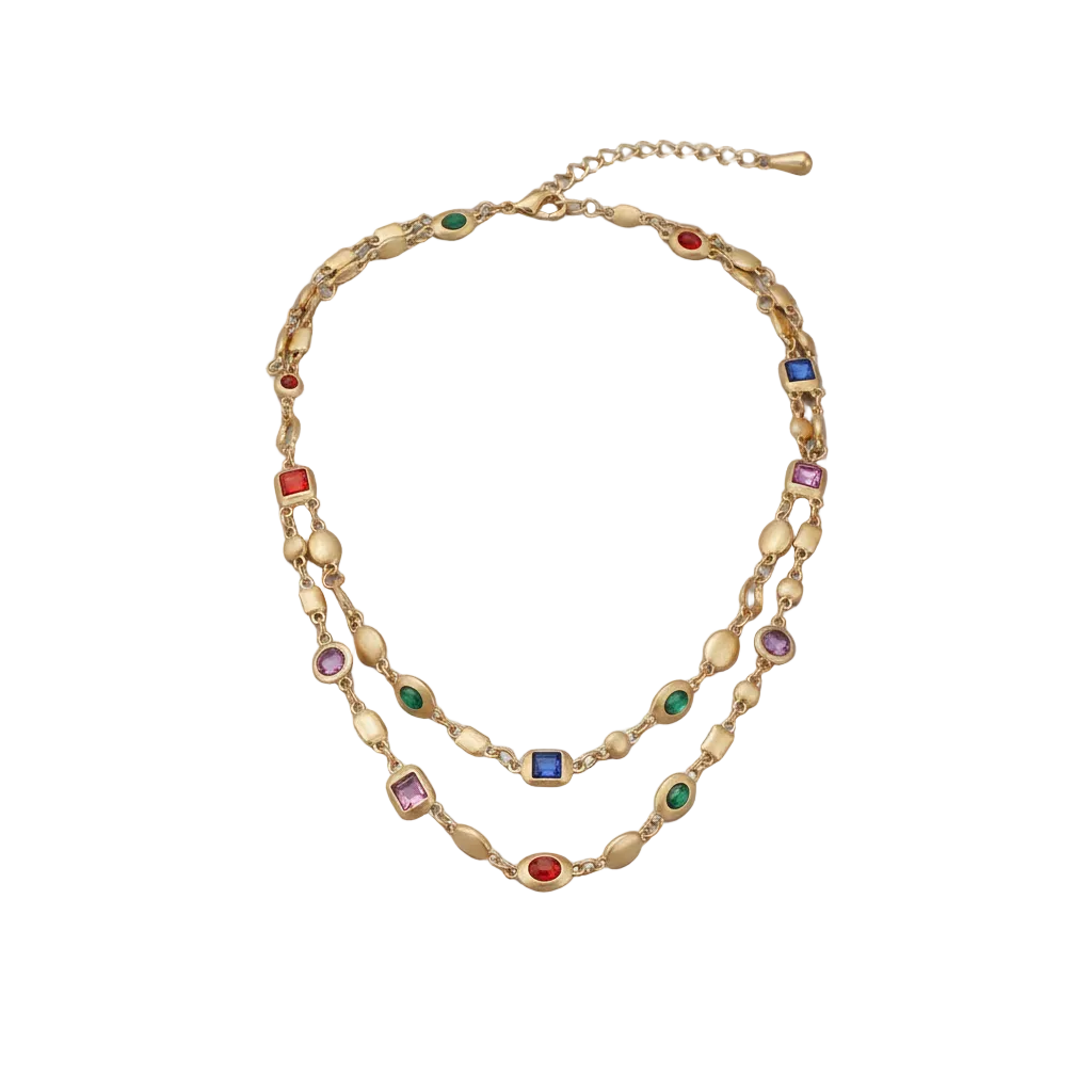 Red Blue Double-Layer Diamond-Encrusted Necklace Aged Neckband with Exquisite Beads Chain for Girlish Look