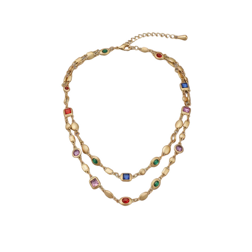 Load image 1 in gallery view. Red Blue Double-Layer Diamond-Encrusted Necklace Aged Neckband with Exquisite Beads Chain for Girlish Look