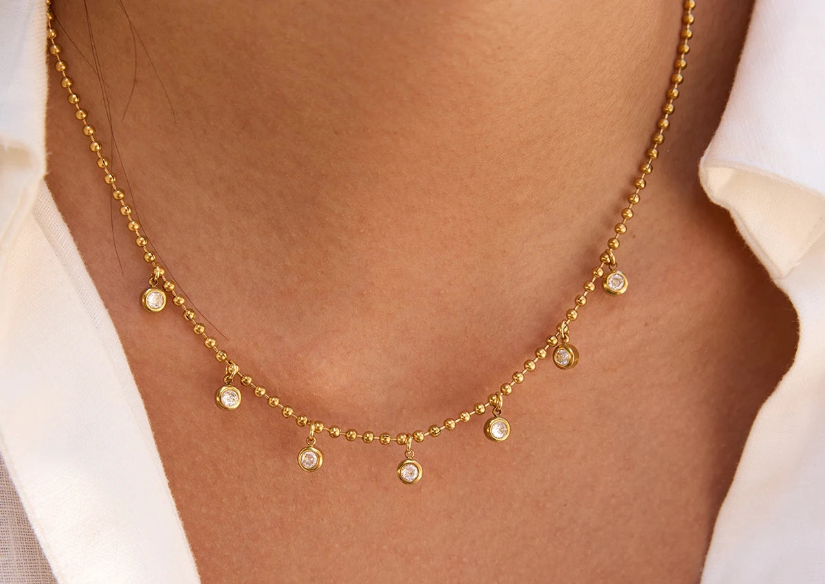 18K Gold Plated Trendy Classic Round White Zircon Pendant Bead Necklace