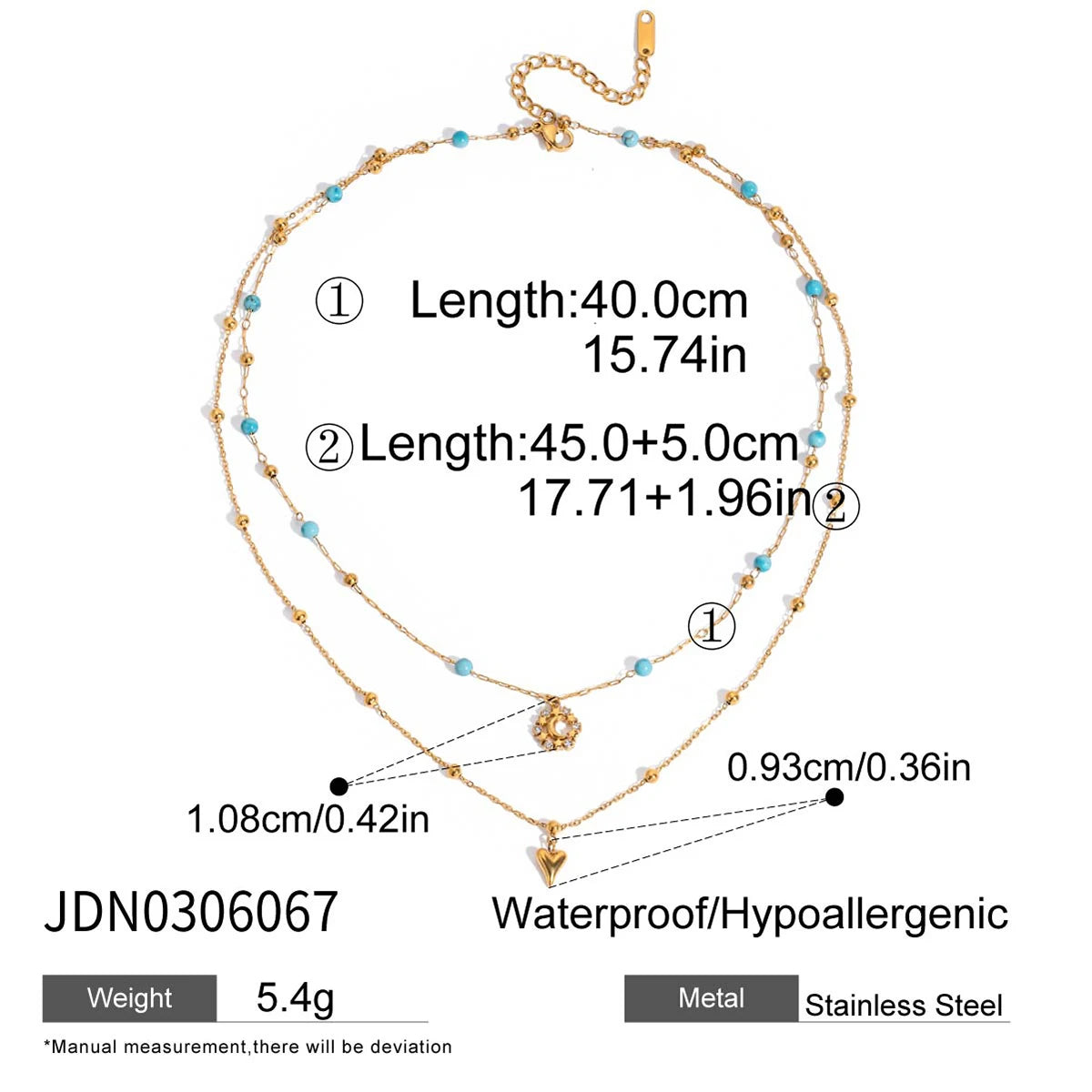 Unique Design 18k Gold Plated Stainless Steel Beads Rhinestone Moon Love Heart Double Layers Turquoise Necklaces