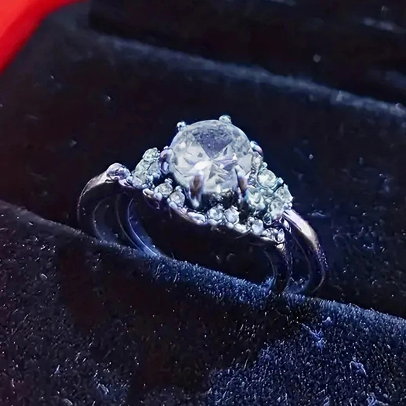 Silver Plated 2Pcs Set Round Rings Round Imitated Diamond for Engagement