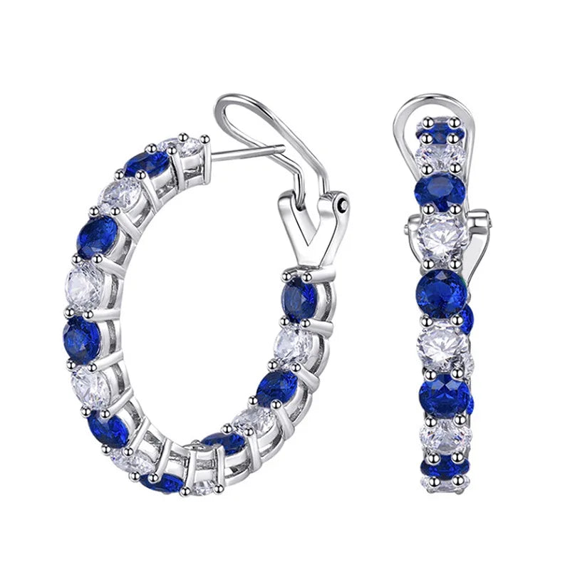 Blue/Green Crystal Cubic Zirconia Circle Hoop Earrings for Women Bridal Wedding Party Silver Plated Hoop Earrings