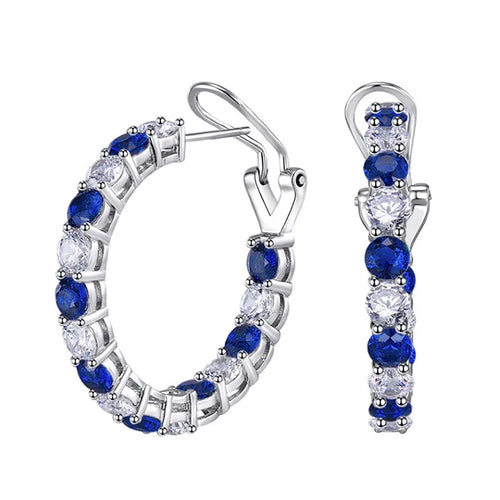 Load image 1 in gallery view. Blue/Green Crystal Cubic Zirconia Circle Hoop Earrings for Women Bridal Wedding Party Silver Plated Hoop Earrings