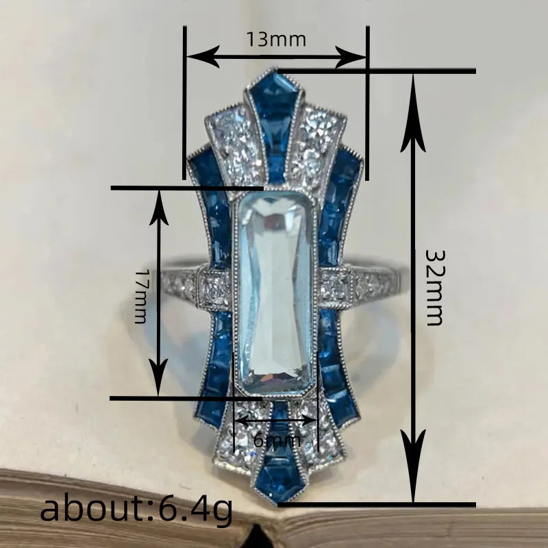 Design Rectangle Shiny Blue Crystal Zircon Silver Plated Rings for Women