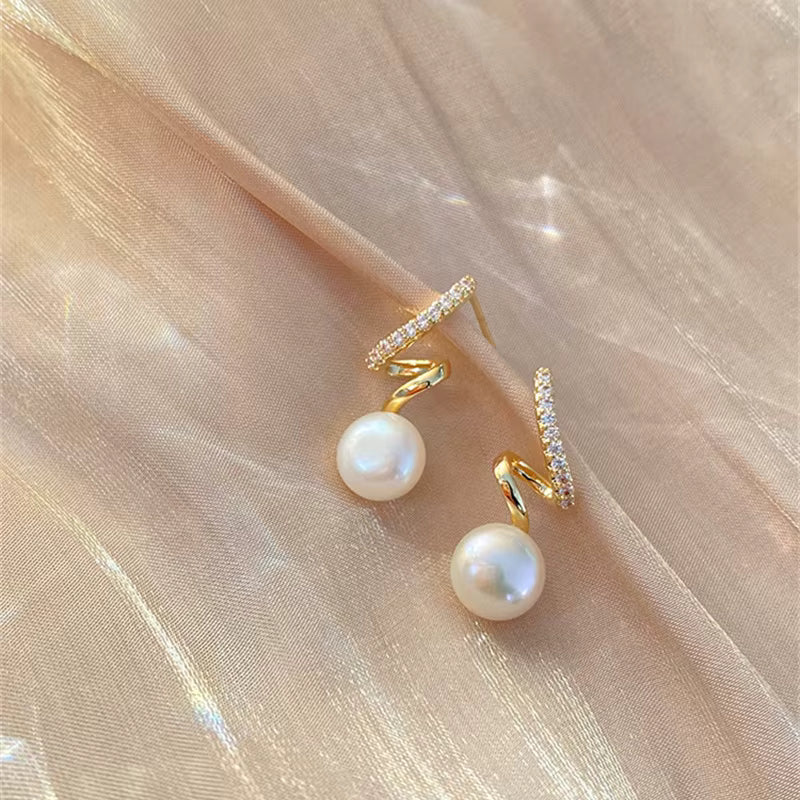 Pearl Earrings Minimalist Cute Earrings, Rhinestone Twisted, Gold Plated