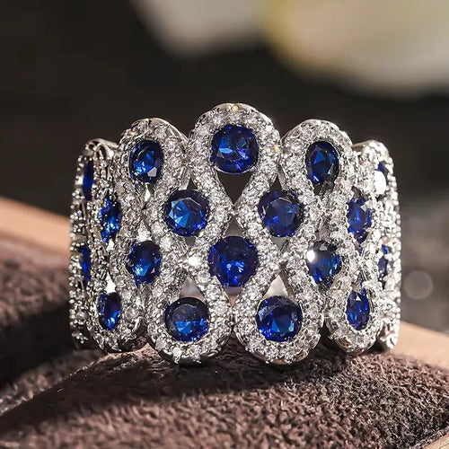 Load image 1 in gallery view. Dainty Geometric Hollow Design Inlaid Blue Zircon Wide Rings for Women Engagement Silver Color Plated Jewelry Rings