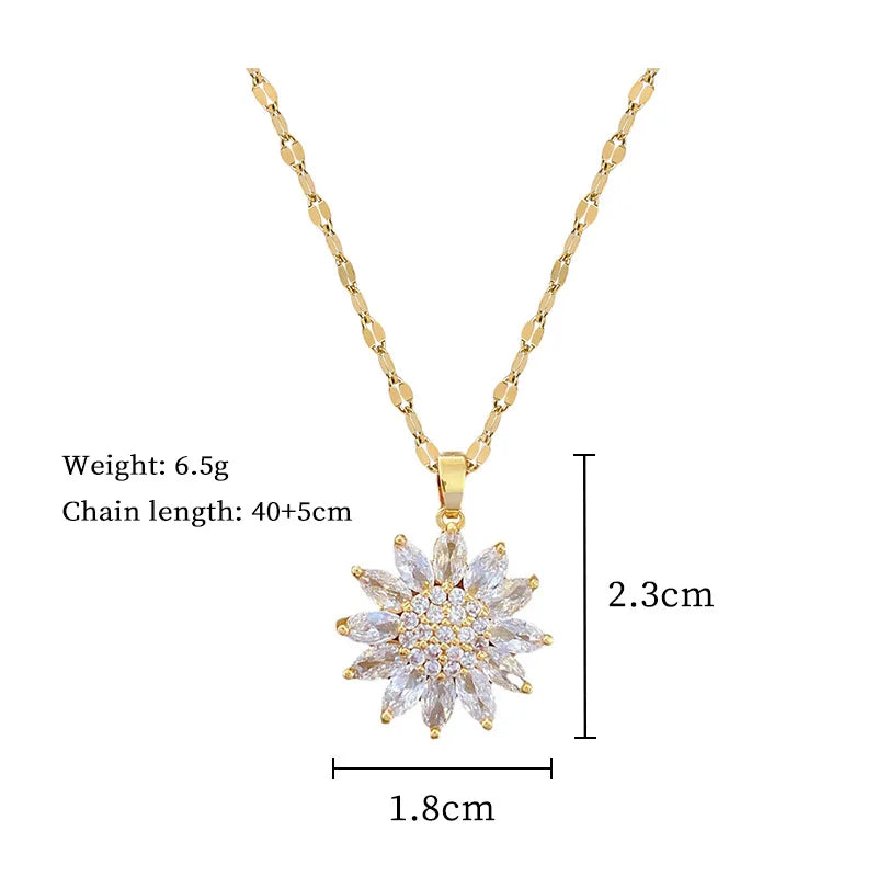 Zircon Crystal Flower Charms Link Chain Sunflower Choker Necklaces 18K Gold Plated for Woman
