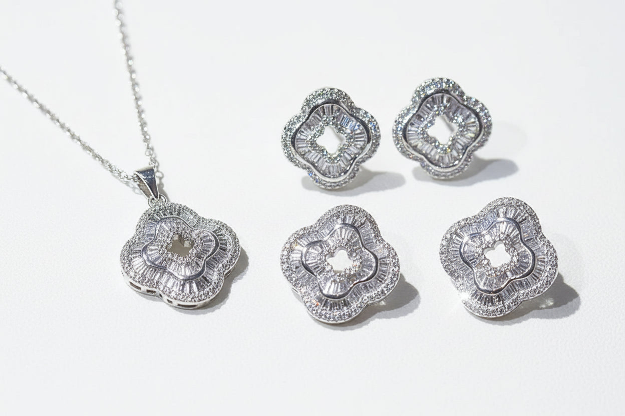 Elegant Leaf Zircon Jewelry Set Platinum Plated Necklace Earrings Ring